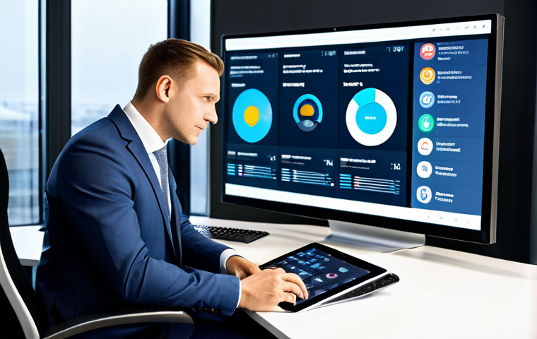 A professional customer experience manager, fully clothed in a modest business suit, seated at a sleek modern desk in a bright, contemporary office. The scene features multiple digital screens displaying an integrated dashboard, showing various customer touchpoints like social media feeds, live chat windows, and CRM data, all seamlessly connected. The atmosphere is calm and focused, emphasizing data synergy and an omnichannel approach. professional dress, safe for work, appropriate content, fully clothed, perfect anatomy, correct proportions, natural pose, well-formed hands, proper finger count, high-quality photograph, professional.