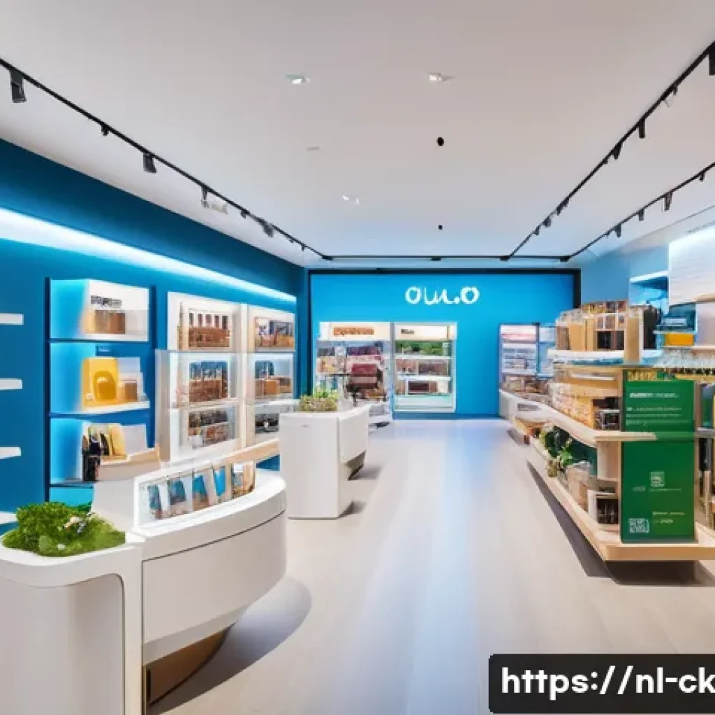 AI 기술을 활용한 옴니채널 고객 분석 - A vibrant Dutch retail store scene showcasing customers interacting with digital screens and persona...
