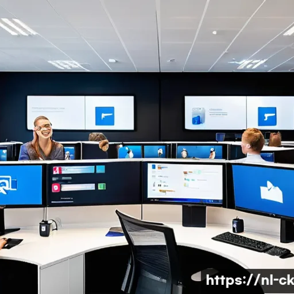 옴니채널에서의 고객 응대 매뉴얼 작성법 - A modern Dutch customer service center with a diverse team of professionals actively engaging throug...