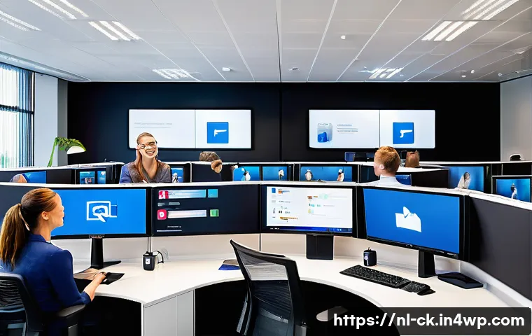 옴니채널에서의 고객 응대 매뉴얼 작성법 - A modern Dutch customer service center with a diverse team of professionals actively engaging throug...
