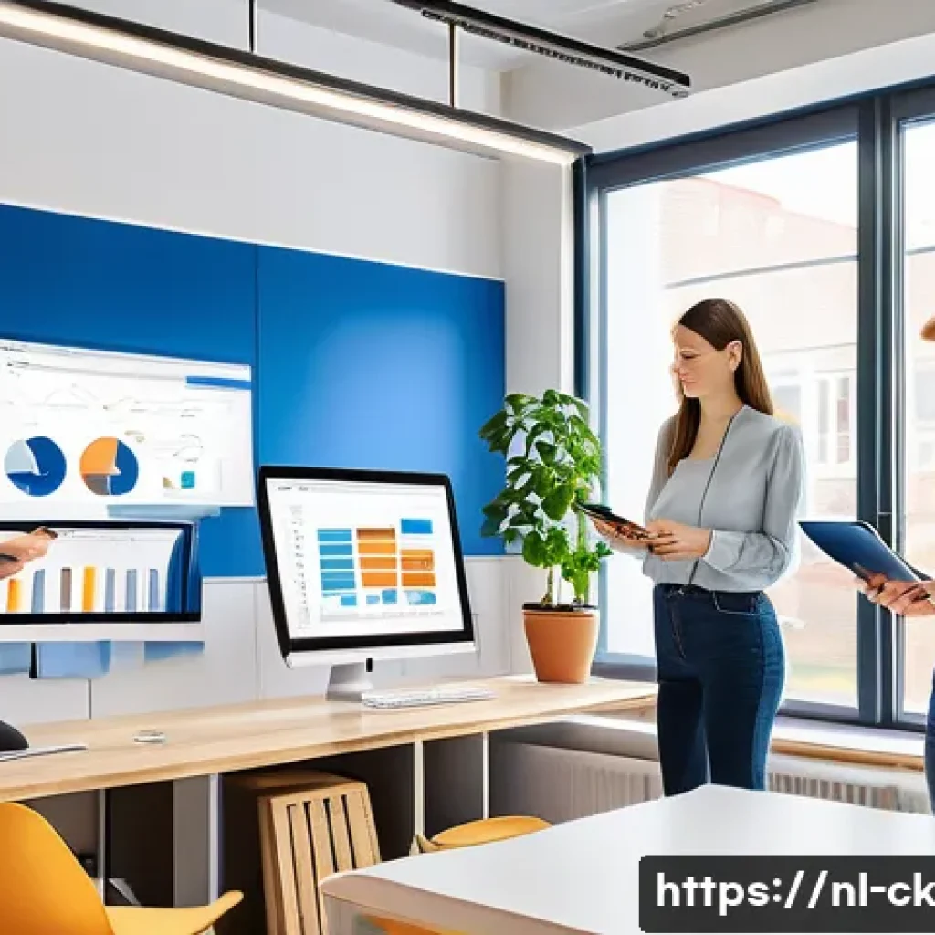 옴니채널 마케팅에서의 콘텐츠 전략 - A modern Dutch marketing office scene showing a diverse team analyzing customer data on multiple scr...
