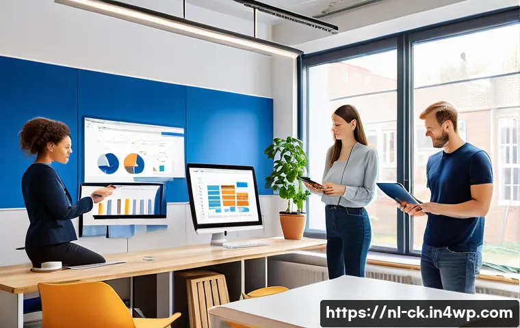 옴니채널 마케팅에서의 콘텐츠 전략 - A modern Dutch marketing office scene showing a diverse team analyzing customer data on multiple scr...