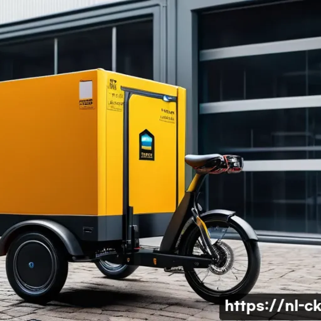 옴니채널 고객 경험 설계 원칙 - 00 retourkosten”, autonomous tote robots and racks in the background, a courier on a cargo bicycle l...