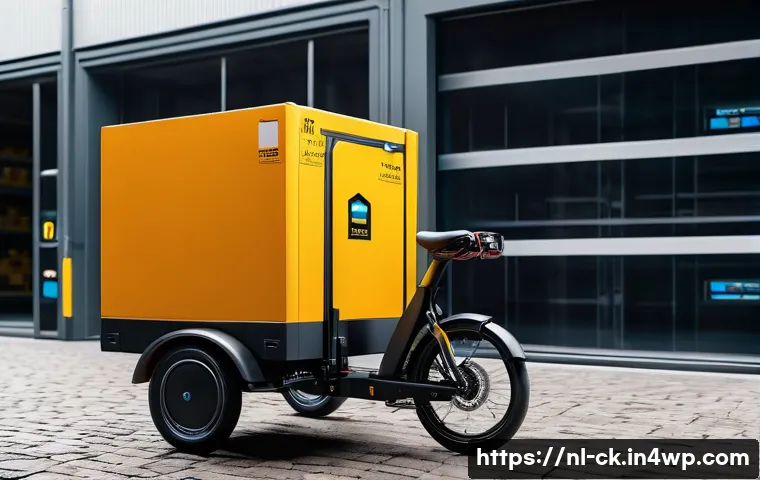 옴니채널 고객 경험 설계 원칙 - 00 retourkosten”, autonomous tote robots and racks in the background, a courier on a cargo bicycle l...
