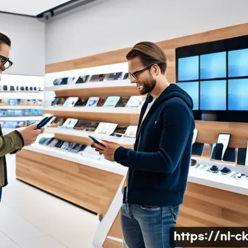 옴니채널에서의 소비자 참여 증대 방안 - A modern retail store scene in the Netherlands showing a diverse group of customers interacting with...