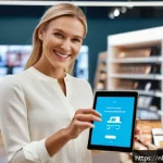 옴니채널 고객 경험의 심리적 요소 - A modern Dutch retail store scene showcasing seamless omnichannel shopping: a friendly shop assistan...
