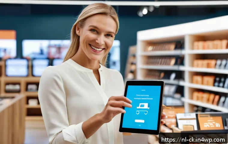 옴니채널 고객 경험의 심리적 요소 - A modern Dutch retail store scene showcasing seamless omnichannel shopping: a friendly shop assistan...